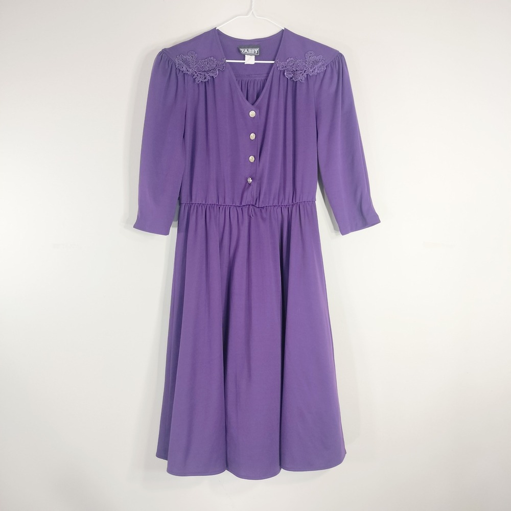Tabby Purple Midi Dress; Vintage 80s Lace Shoulder Rhinestone Buttons